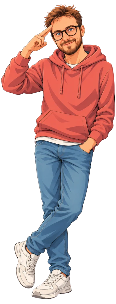 Marcello in versione cartoon mentre saluta